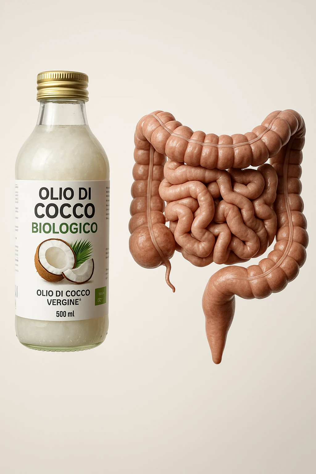 BOCCETTA DI OLIO DI COCCO BIOLOGICO (FAI UN ETICHETTA SUL PRODOTTO IN ITALIANO) CHE FLUTTUA IN ARIA INSIEME A UN INTESTINO UMANO ANATOMICO IN PERFETTA SALUTE, SFONDO CHIARO, iperrealistico 4k emoji