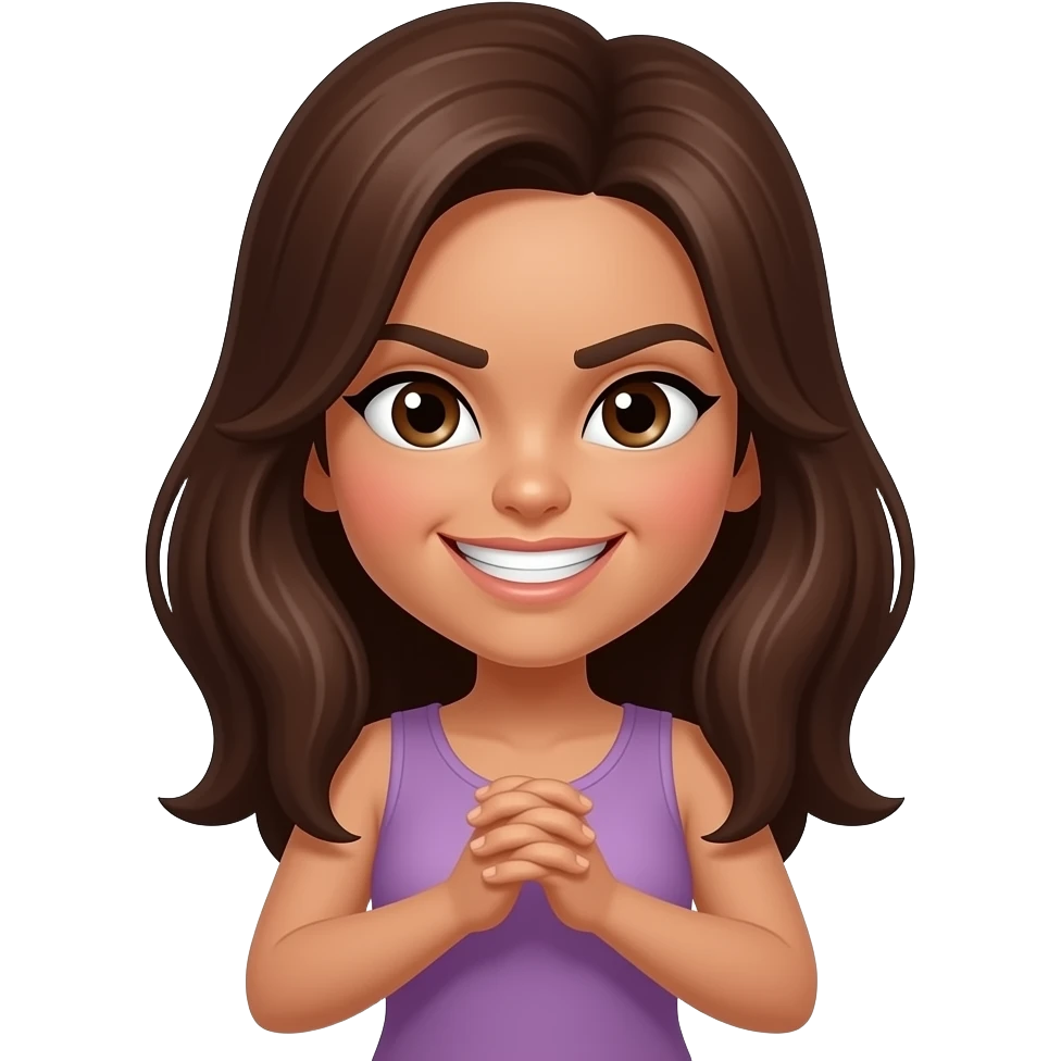 Brown hair girl with an evil smirk on her face but tanish skin more of a smirk  and hands crossing each other like folded in but no bnags emoji