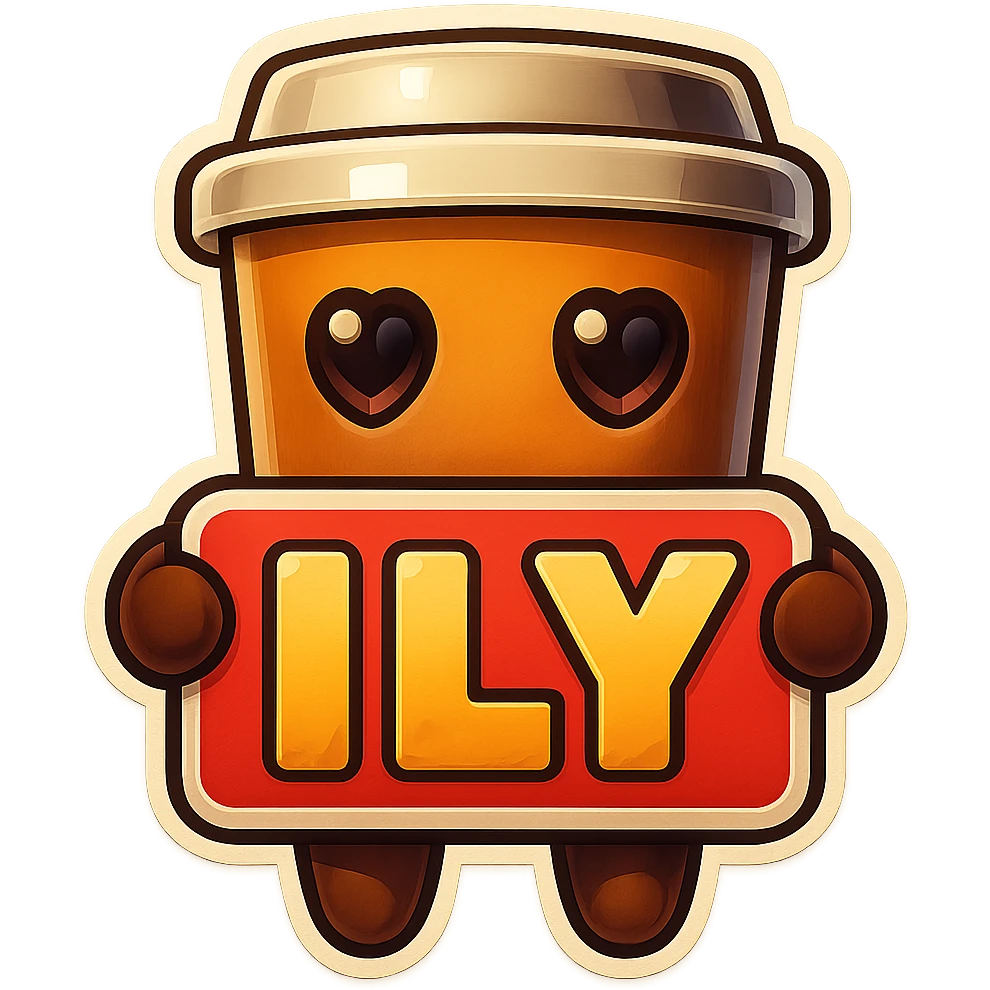 Tall coffee cup, no mouth, big heart eyes, giant sign "ILY" emoji