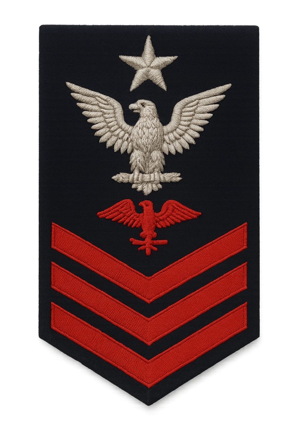 U.S. Navy Senior Chief Petty Officer (E-8) sleeve insignia, realistic style, silver eagle perched above a rocker and three red chevrons with a specialty mark in between, one silver star above the eagle, no background, transparent emoji