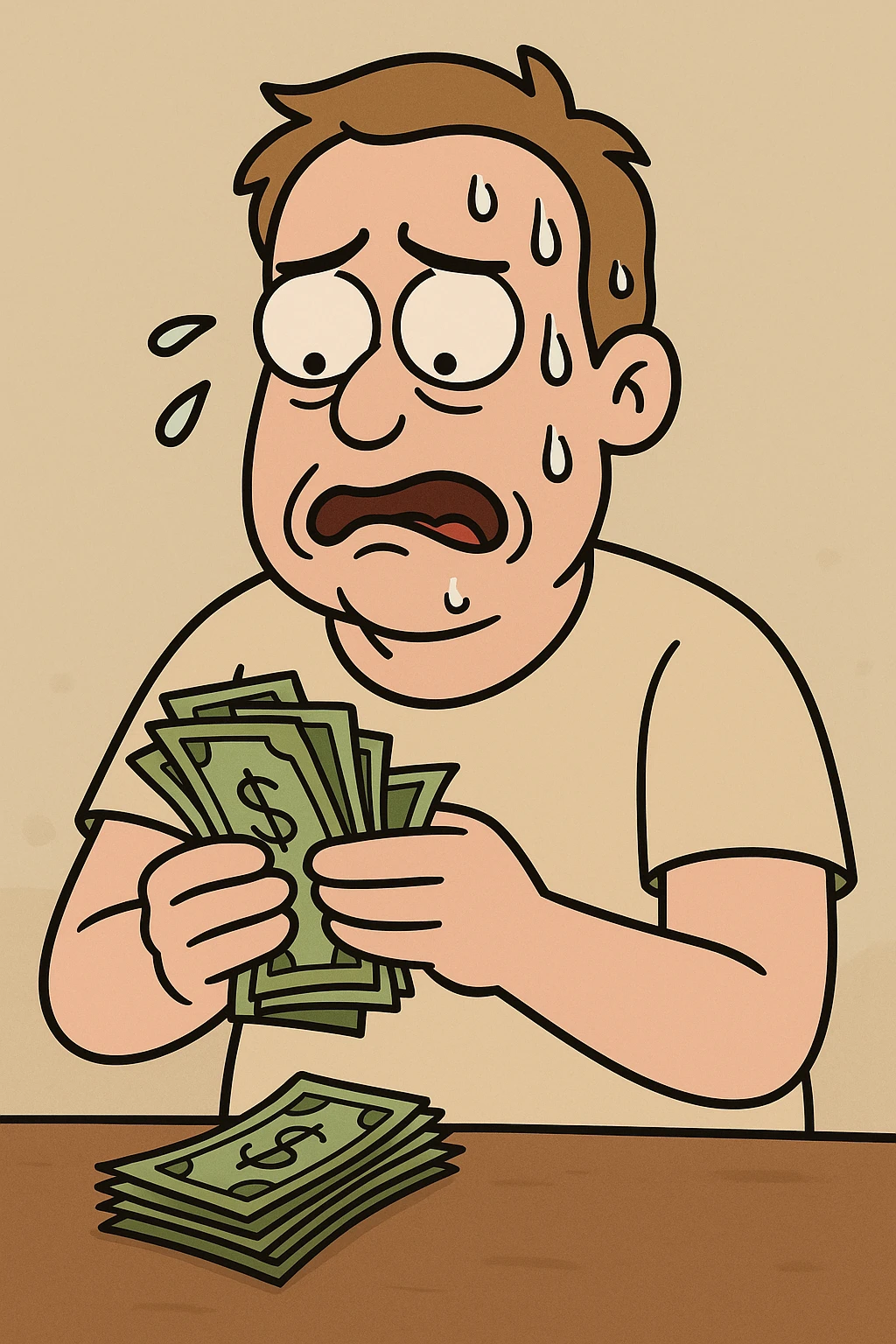 a flat toon man sweating while counting cash, worried expression emoji