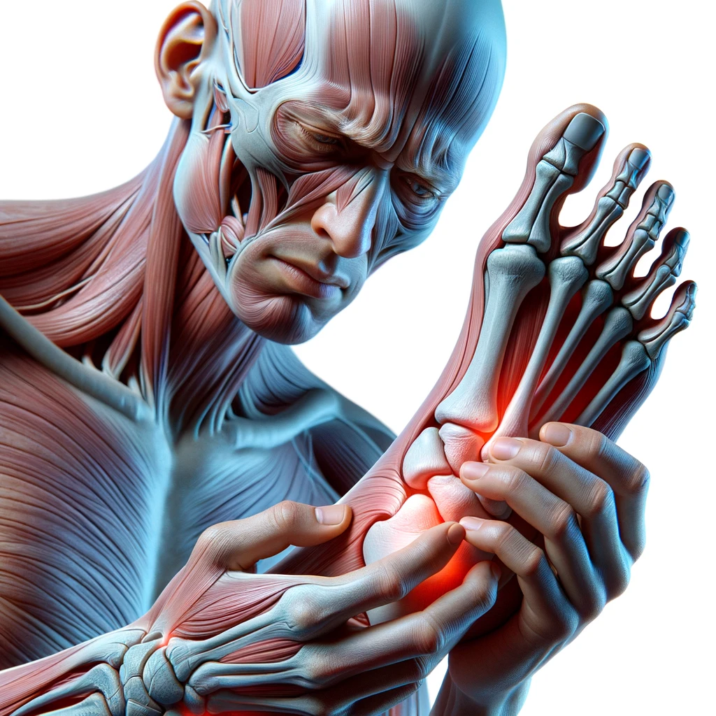 corpo umano anatomico con espressione di dolore in volto che si tiene il piede tra le mani perché ha dolore al piede, iperrealistico 4k, isolato su sfondo bianco emoji