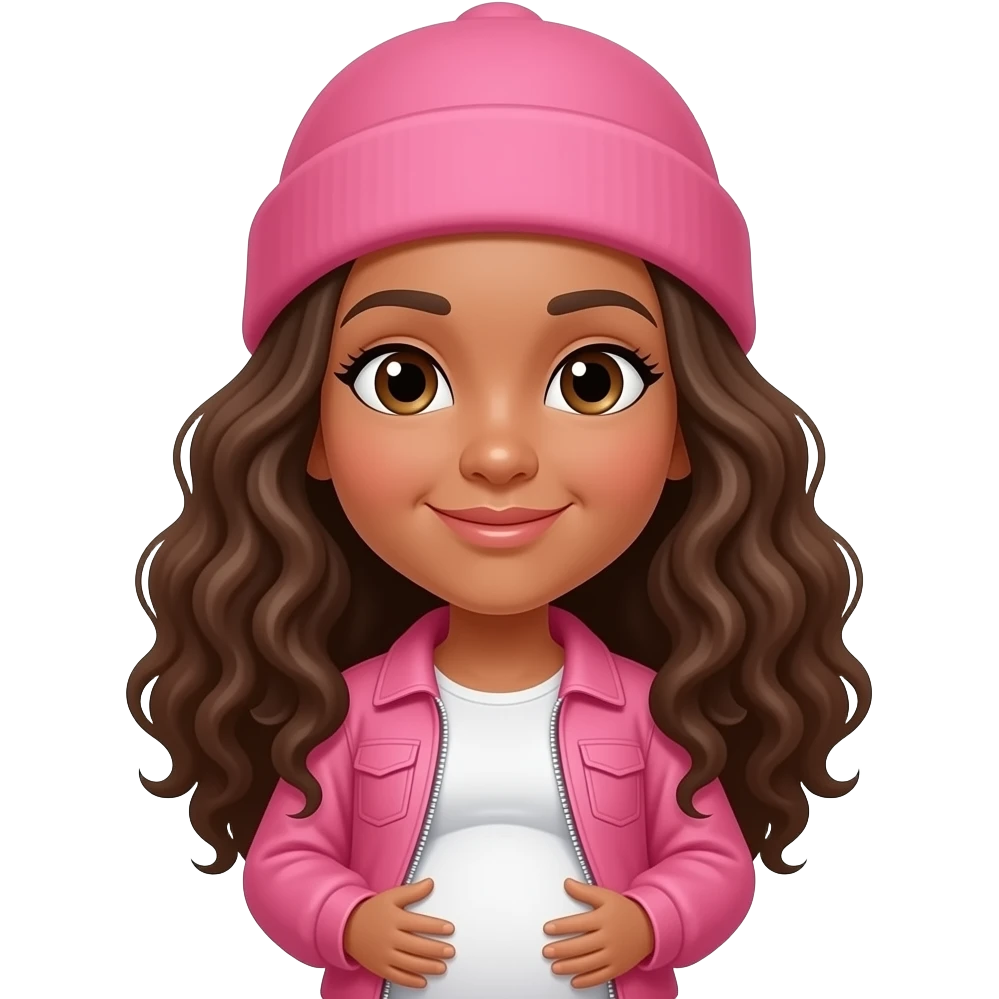 long curly hair and pregnant not smiling,with pink jacket,pink hat emoji