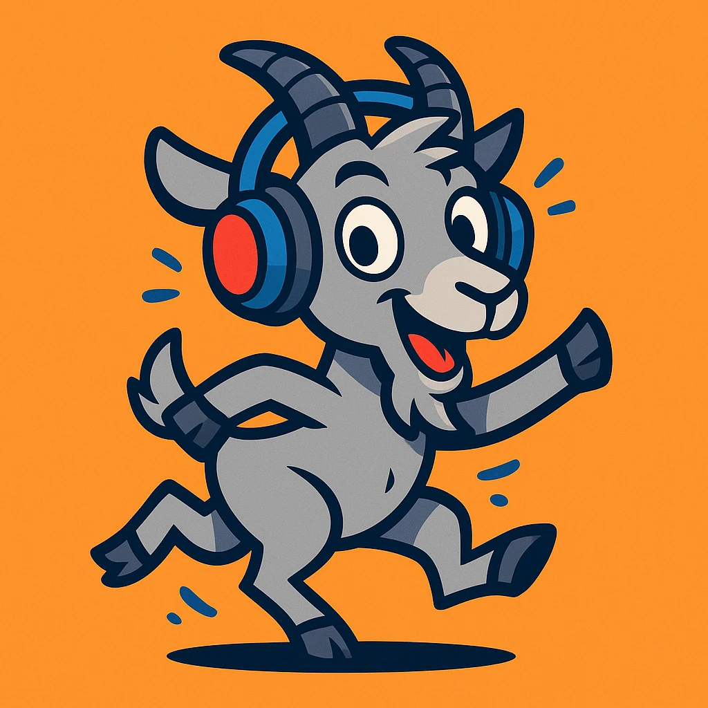 energetic and playful grey goat wearing large gaming headphones, cartoon style emoji