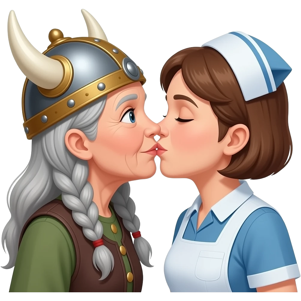 Viking hat gray braids old woman kissing old woman shortest hair brunette old nurse emoji