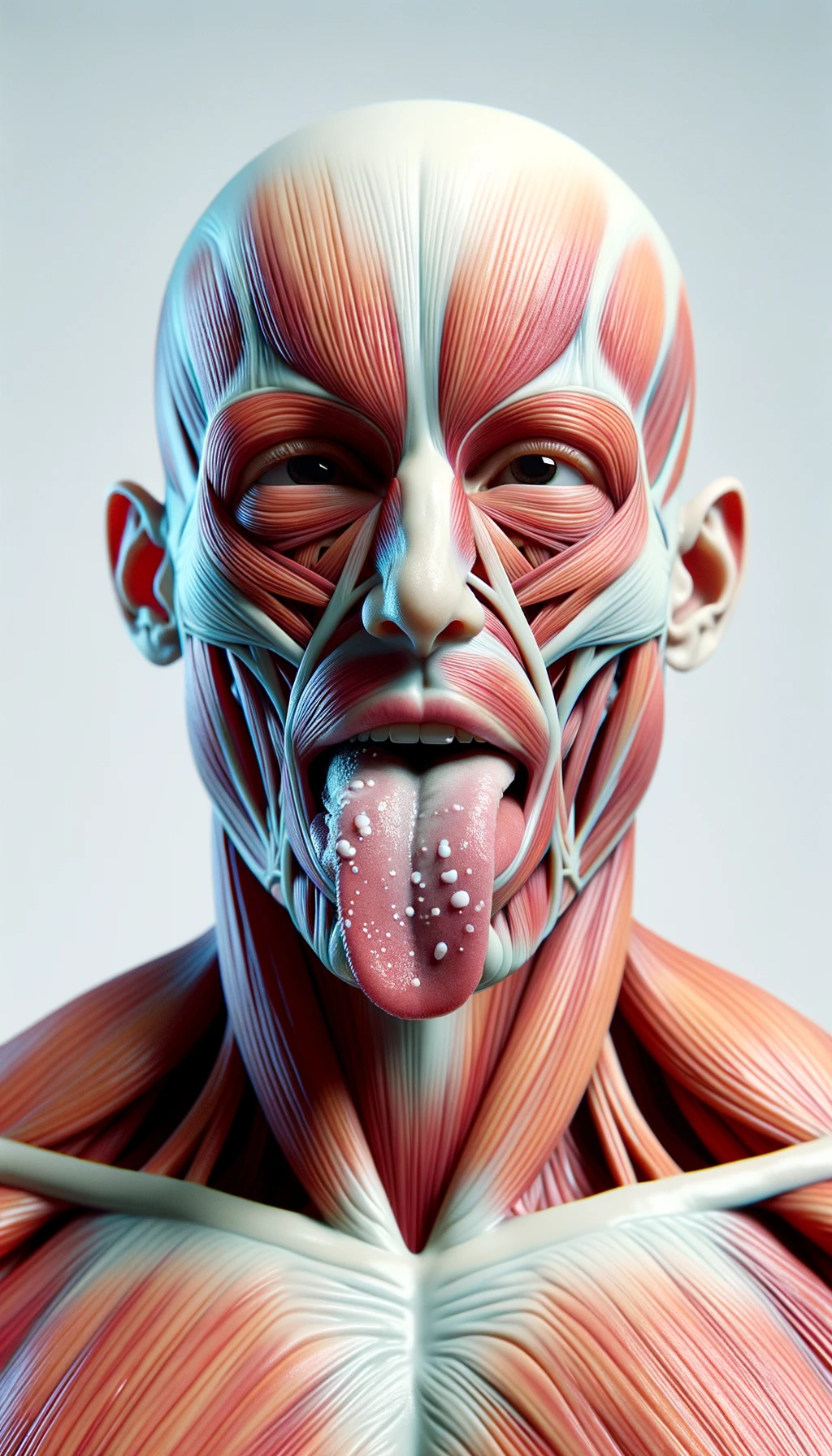 CORPO UMANO ANATOMICO IN PIEDI FRONTALMENTE CHE TIENE LA LINGUA UN PO' FUORI ED è PIENA DI MACCHIE BIANCASTRE, NEUTRAL CLEAR BACKGROUND, COLORI REALISTICI DEI MUSCOLI, iperrealistico 4k emoji