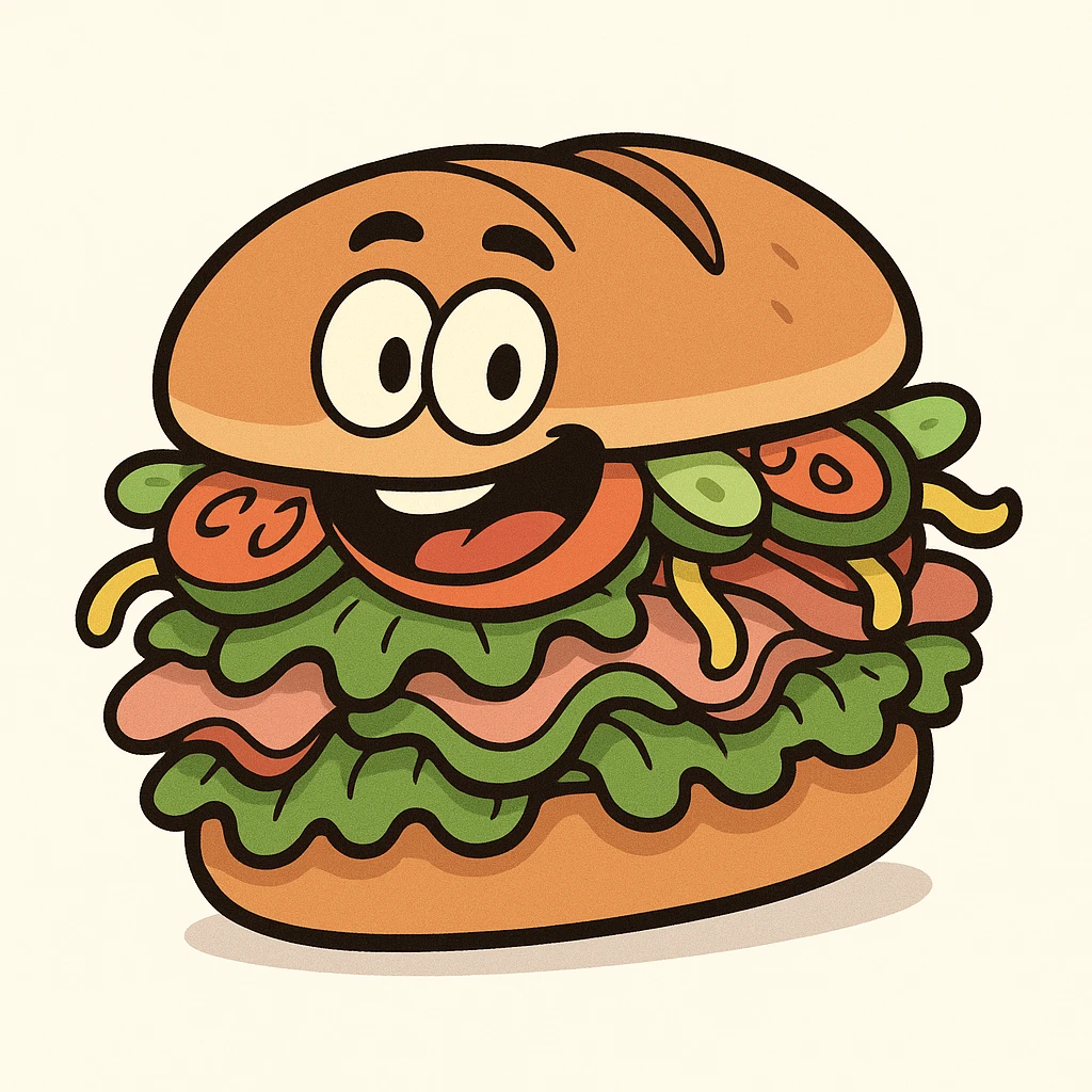 cartoon hoagie sandwich with bright colors, thick bread, overflowing with ingredients, fun and whimsical, isolated on white background emoji