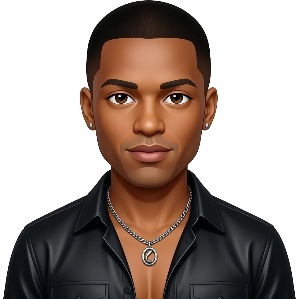 Johnny Gill from New Edition with dark brown eyes, black tapered fade hair, black metallic open shirt, shirtless with necklace and earrings emoji