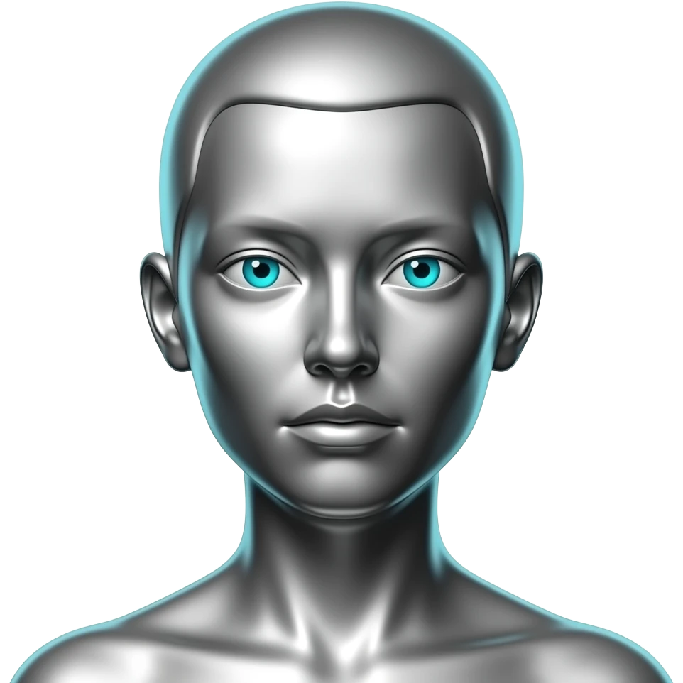 "A polished chrome chinese woman statue head, front-facing, serious focused expression, glowing cyan (#00D4B1) eyes, dark background. Metallic reflections with subtle cyan light accents. Clean, no background, emoji style, high detail. The statue represents discipline, focus and self-mastery." emoji