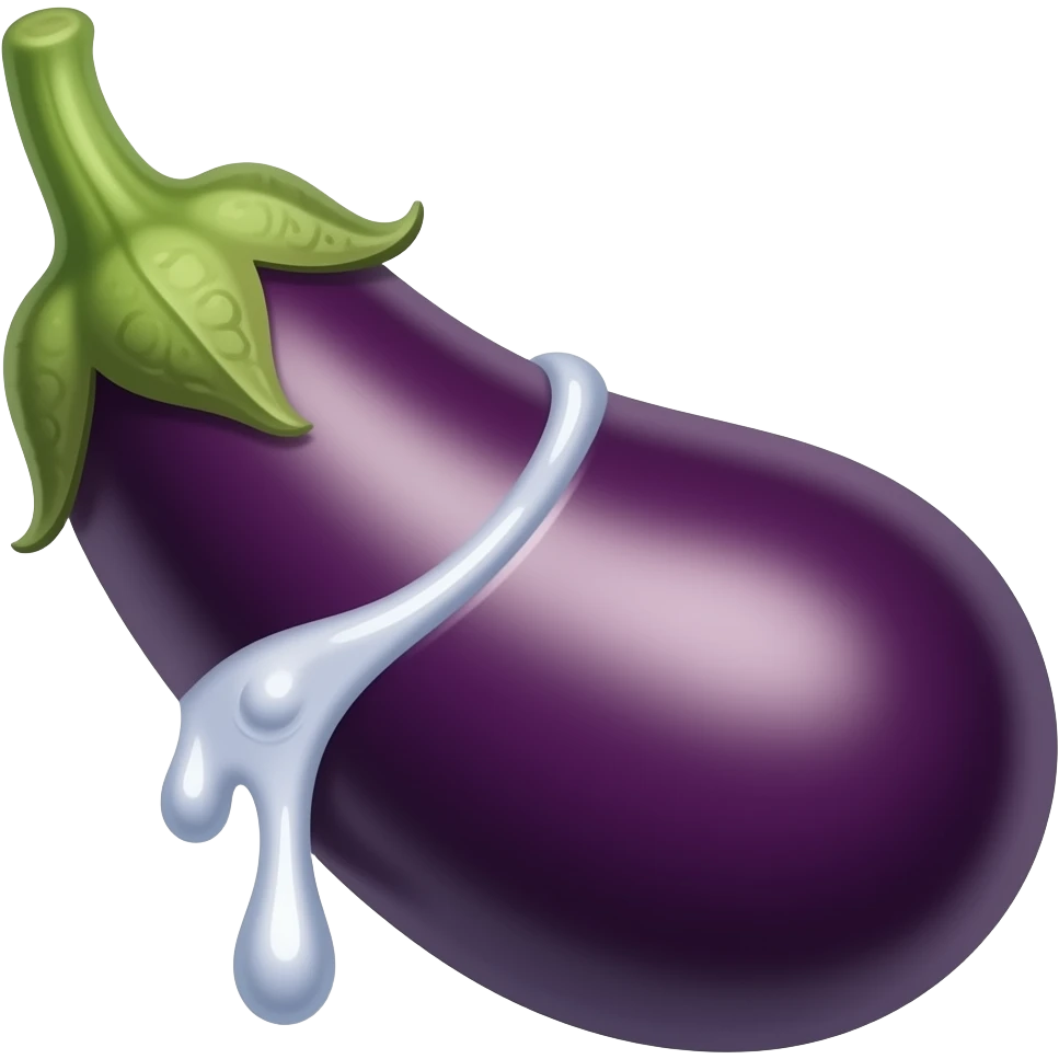 Eggplant with green veins running up the side of it and white liquid dripping out of the tip emoji