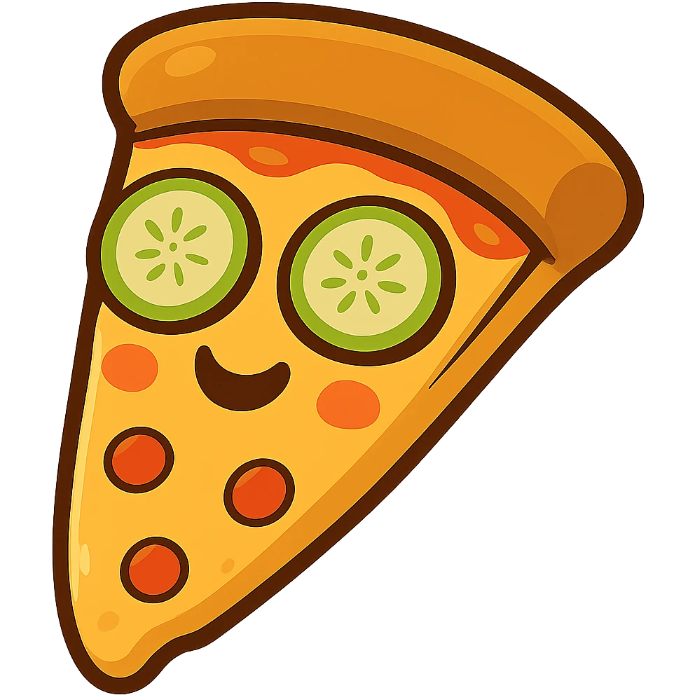 Remove any hands from the image and ensure only the pizza slice is visible with no background. Keep the pizza slice looking happy and relaxed with cucumber slices on its eyes, conveying a spa vibe. Maintain a clean and clear presentation focusing on the pizza slice only. emoji