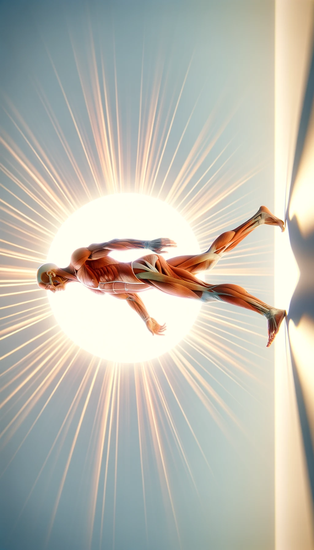 CORPO UMANO ANATOMICO IN PIEDI CHE CAMMINA DI FRONTE AL SOLE ESTIVO, COLORI REALISTICI DEI MUSCOLI, SFONDO CHIARO DEL CIELO, iperrealistico 4k emoji