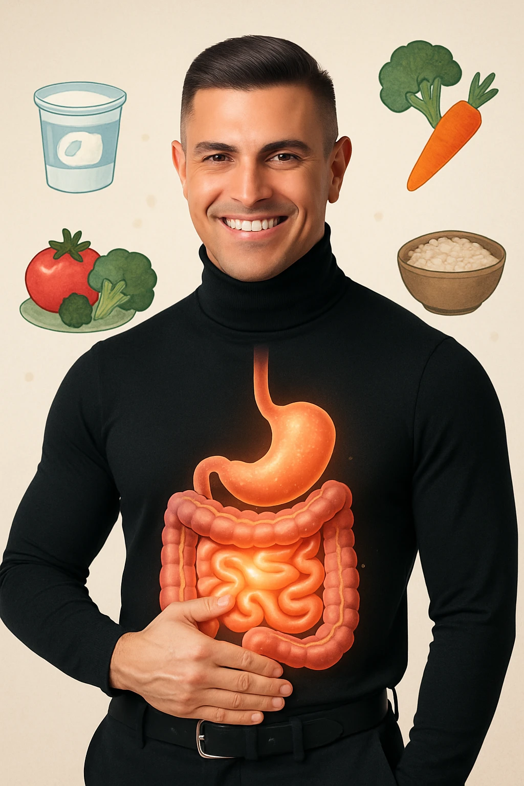 a fit, smiling man stands confidently with one hand on his abdomen. A transparent overlay reveals a healthy, detailed digestive tract with a glowing, vibrant intestine. Around him, icons of healthy foods like yogurt, vegetables, and whole grains float, symbolizing good gut health. The background is clean and bright, with an educational mood. emoji