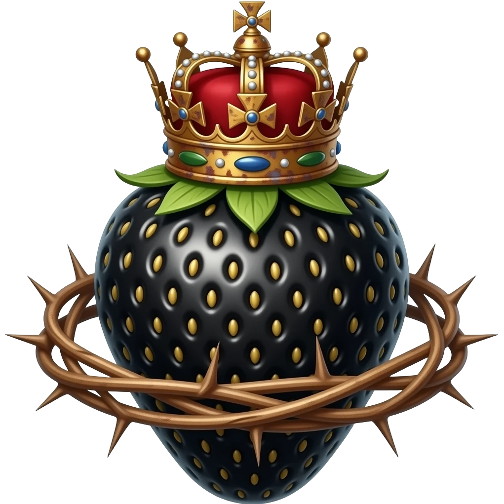 a black strawberry with a rusty, richly decorated English royal crown on top that is flaming. An oversized crown of thorns is wrapped around the strawberry's body and is spinning around its body emoji