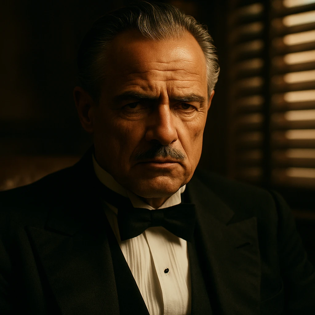 Cinematic close-up of a powerful Italian mafia boss from the 1940s, wearing a black tuxedo, white shirt, and bow tie. He has slicked-back grey hair, a mustache, and a stern expression, sitting in a dimly lit room with dramatic lighting and blinds casting striped shadows. emoji