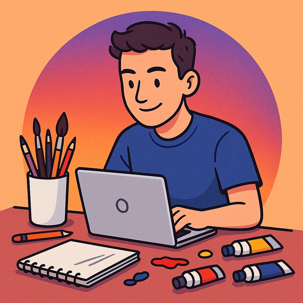 A guy with a laptop, surrounded by art materials, with a circular gradient background in orange and purple. emoji