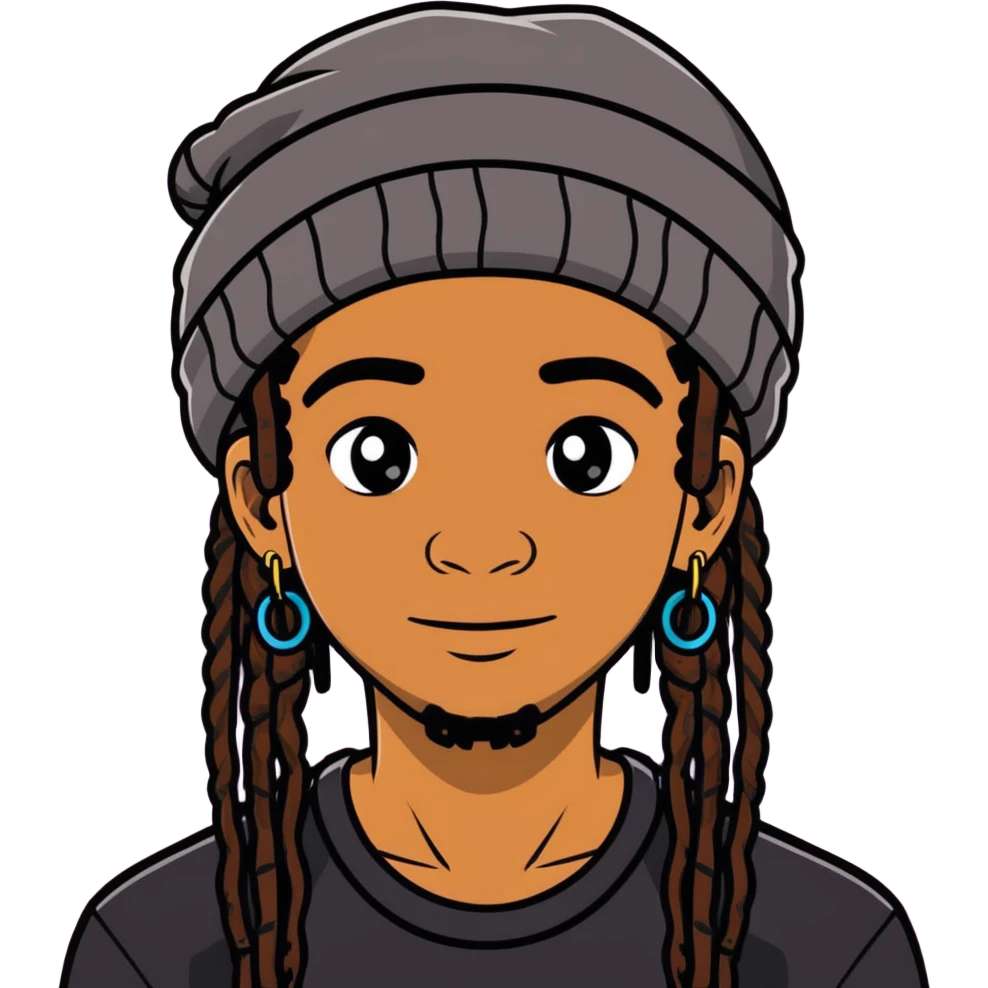 A stud with dreads,beanie over her head but dreads still can see ,and all black on brown skin with braces and earrings  emoji