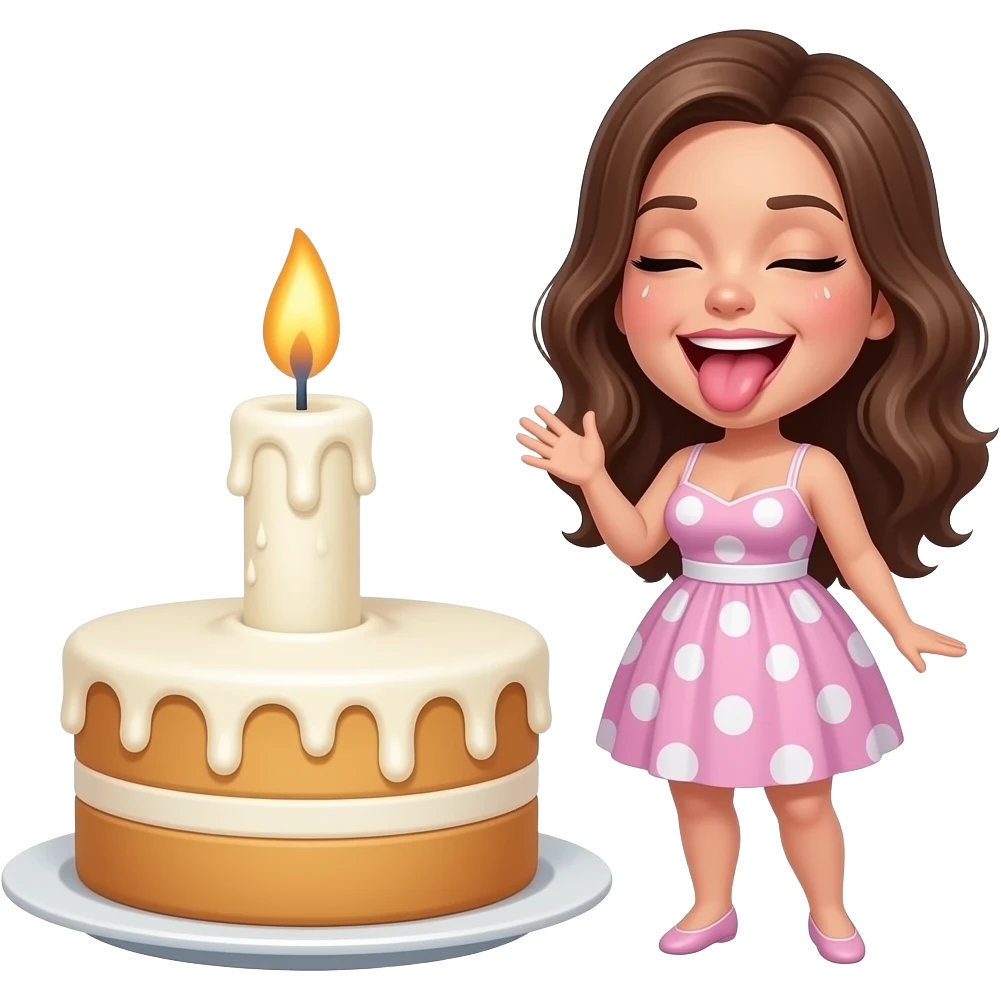 sexy girl mouth open sticking tongue out  with her eyes closed with a pleasure gesture  and feels too hot so shes sweating close to a  fat and giant single candle dripping a lot of  white wax on top of  a birthday cake emoji