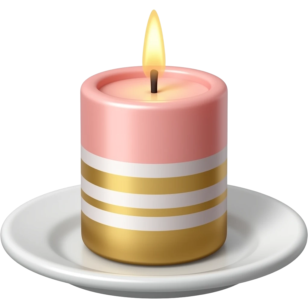 Thin tall neat petite cute slim dainty narrow Pastel Reddish-pinkish and gold and white vintage candle on a tiny narrow plate emoji