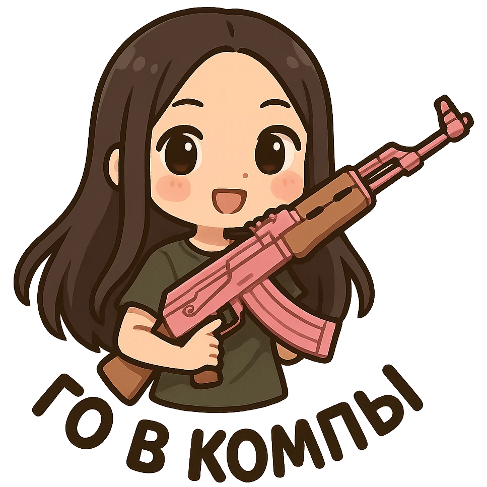Девушка с темно коричневыми и длинными до поясницы волосами без челки держит розовый ак-47 и надпись: го в компы  emoji
