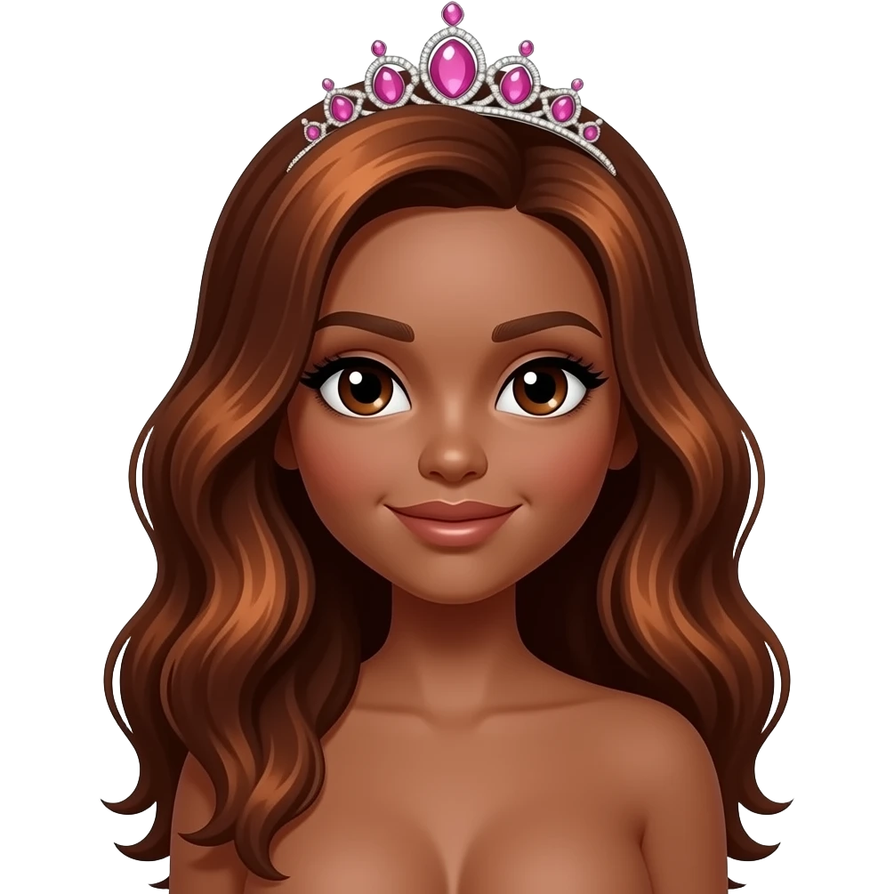 hair with pink tiara, Dark brown eyebrows,Dark brown skin, Doll shaped face, doll eyes, wavy with side part longer straightened auburn  hair with dark brown highlights, big breast no bra emoji