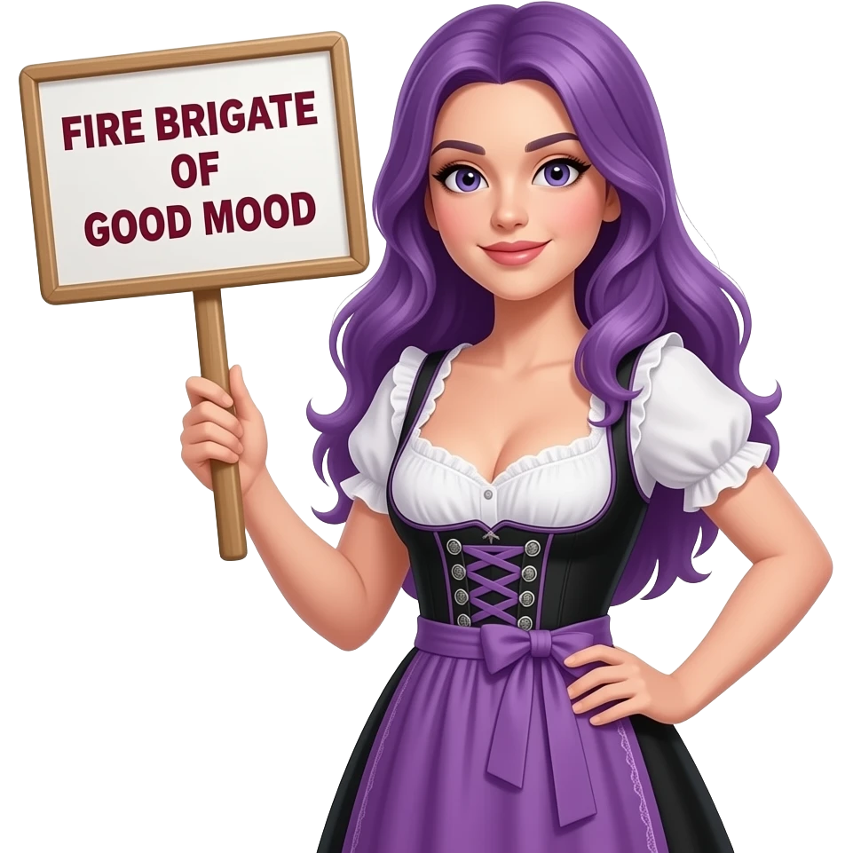 sexy girl with long purple hair wearing a dirndl holding a FEUERWEHR der GUTEN LAUNE sign emoji