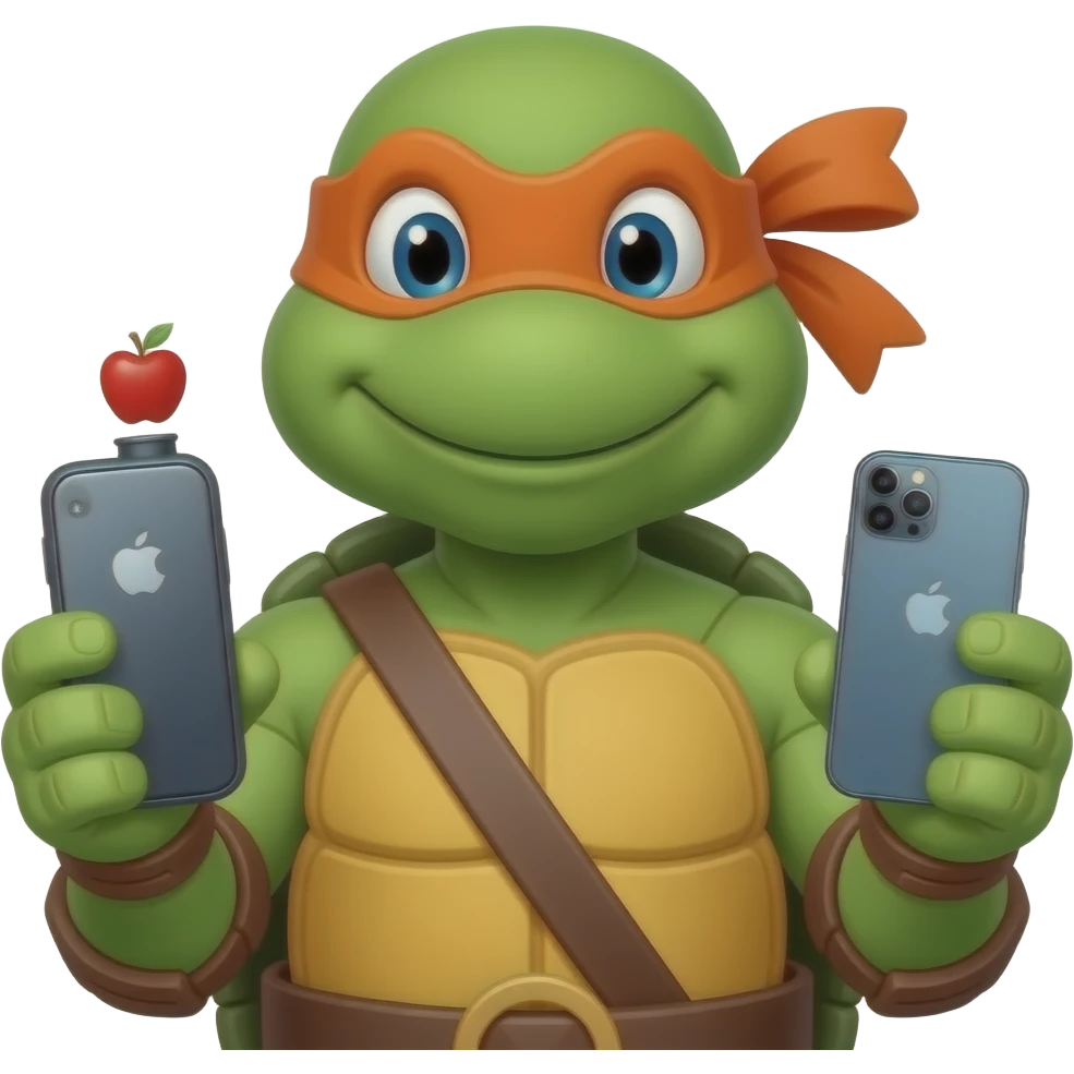 Michelange (Teenage Mutant Ninja Turtles) holding a Apple visionPro device on one hand and iPhone on another hand emoji