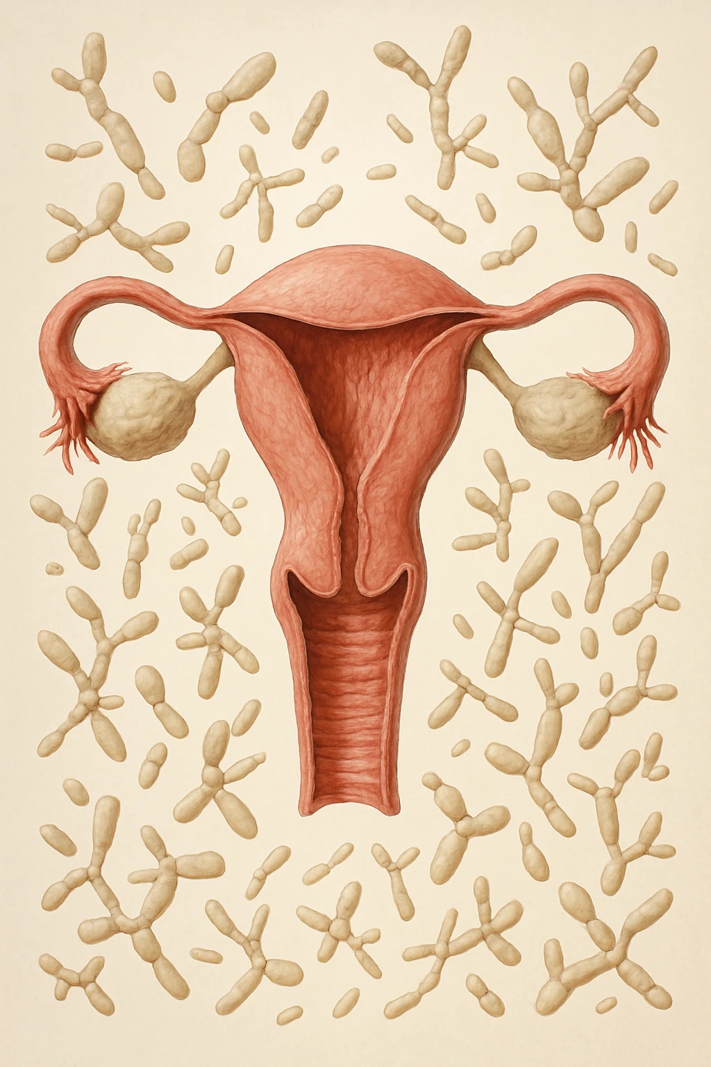 utero umano realistico con batteri della candida intorno, la foto si deve vedere per intero in formato verticale, sullo sfondo neutro chiaro ci sono batteri della candida, iperrealistico 4k emoji