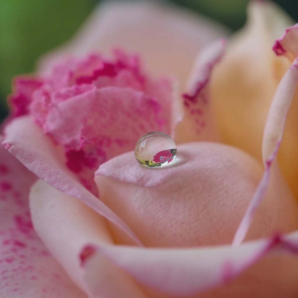 a single dew drop resting on a rose petal, realistic, soft lighting, macro focus emoji