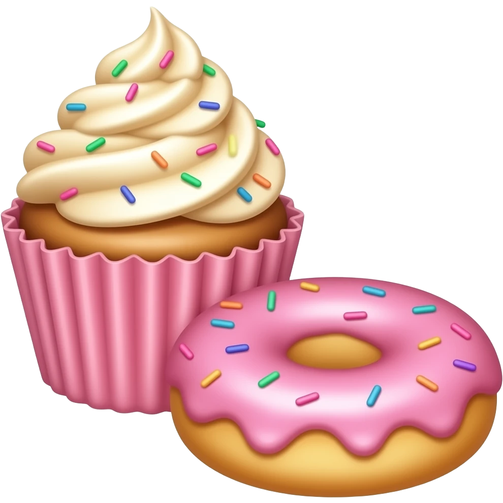 Vanilla cupcake pink frosting and Sprinkles cupcake pink paper and donut in the foreground emoji