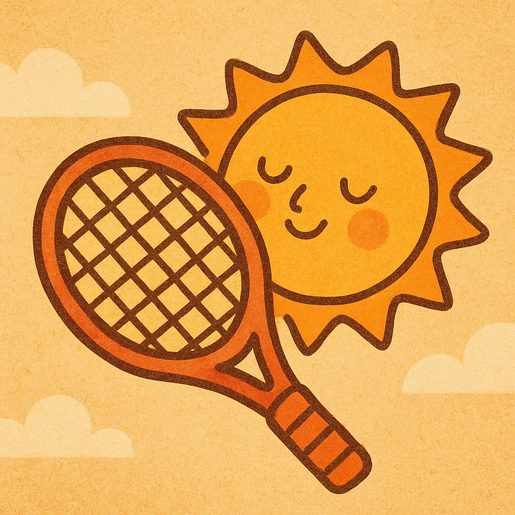 a tennis racket and sun colliding, whimsical and bold, cartoon style, vibrant warm colors emoji
