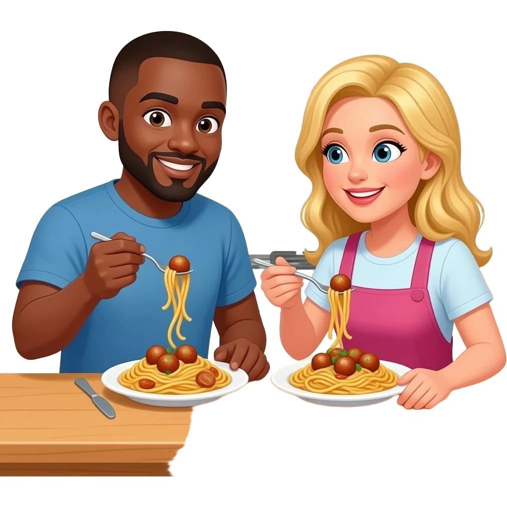 Black man with shaved head and blonde woman sharing spaghetti and meatballs together emoji