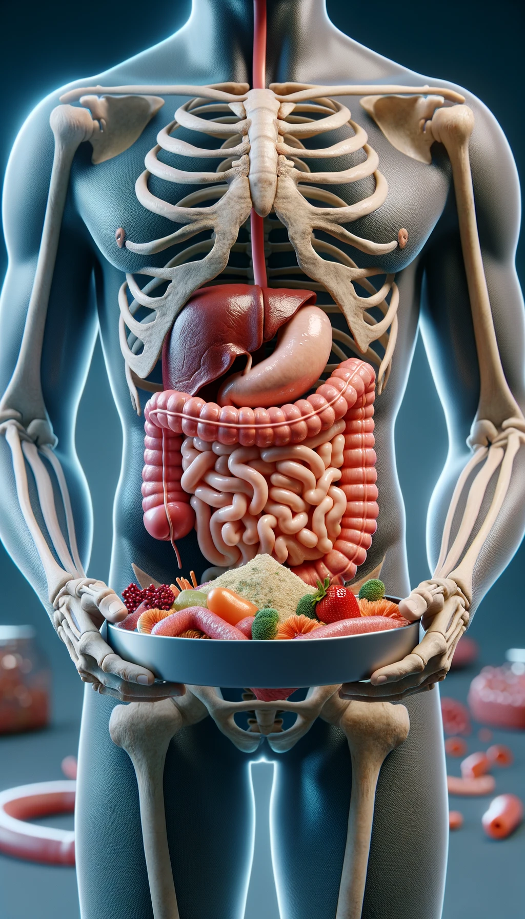corpo umano anatomico con intestino in evidenza mentre mangia alimenti fermentati ricchi di microrganismi probiotici, iperrealistico 4k, isolato su sfondo bianco emoji