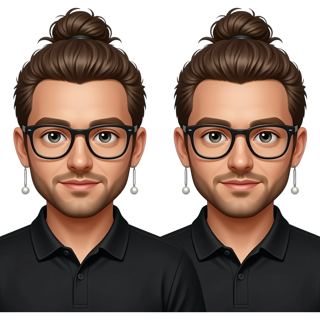 Men with a Messy bun and glasses, long earing with white pearl and black polo emoji