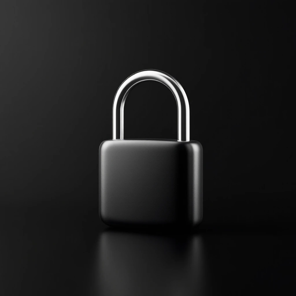 Photo of a 3d glossy padlock, black solid background, 3d render emoji