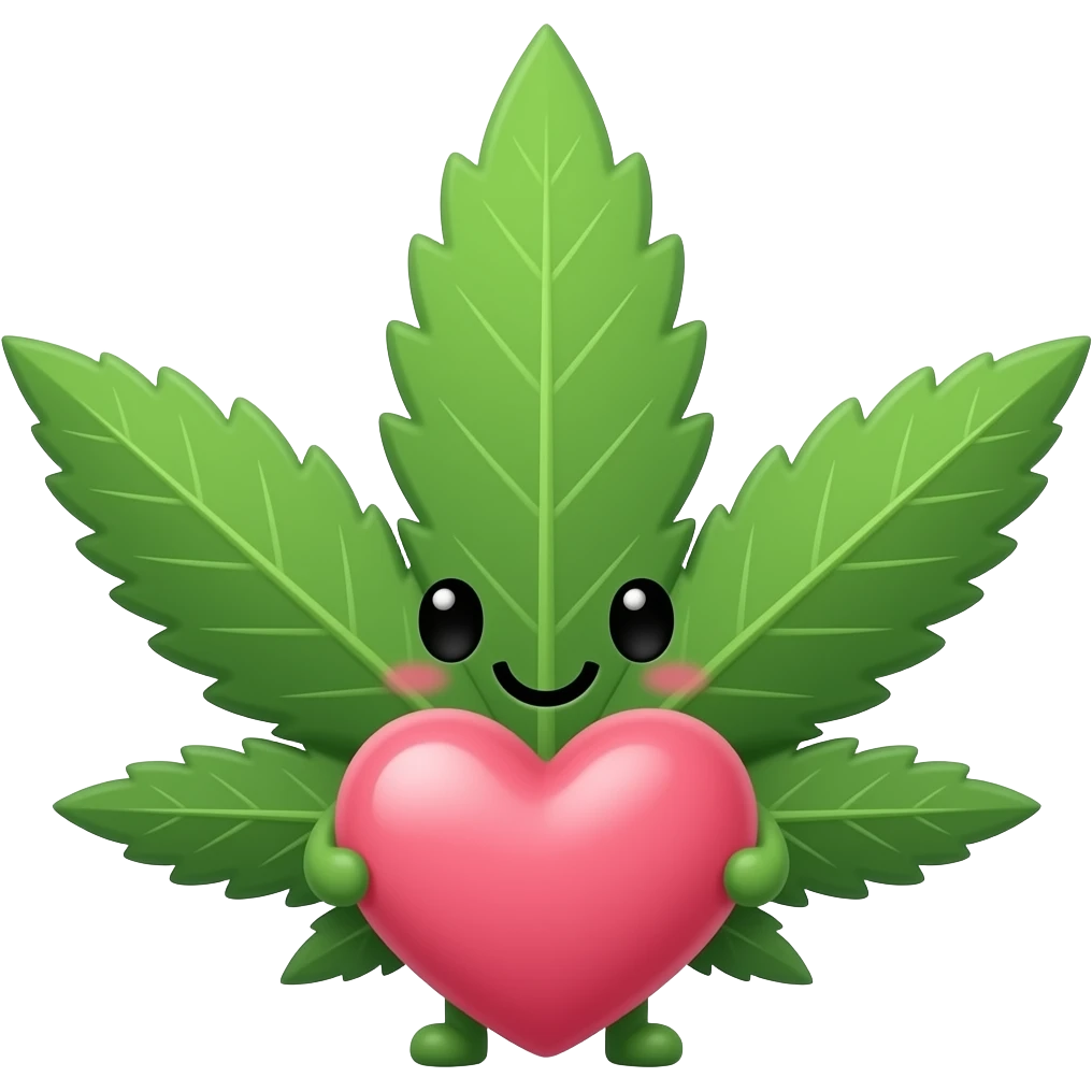 emoji of a kamoji kawaii weed leaf with a cute face holding a big huge heart that he can barely carry emoji
