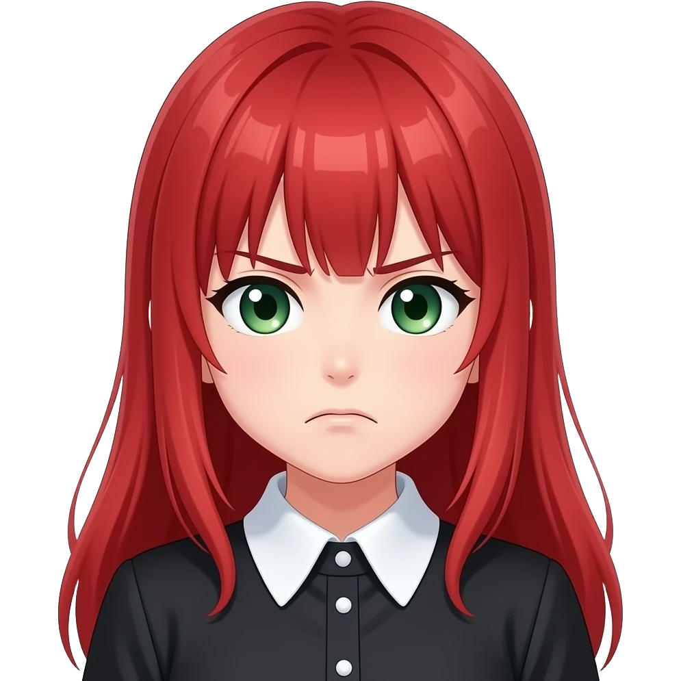 anime girl frown red hair green eyes black blouse with white collar emoji