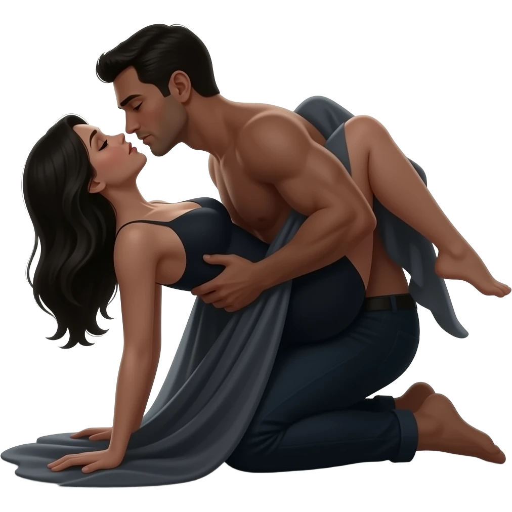 A tasteful, soft-lit artistic illustration of an adult couple in a private, intimate rear-position pose, with the woman leaning forward and the man close behind, partially covered with fabric and shadows, focusing on silhouettes and emotional connection rather than explicit detail. emoji
