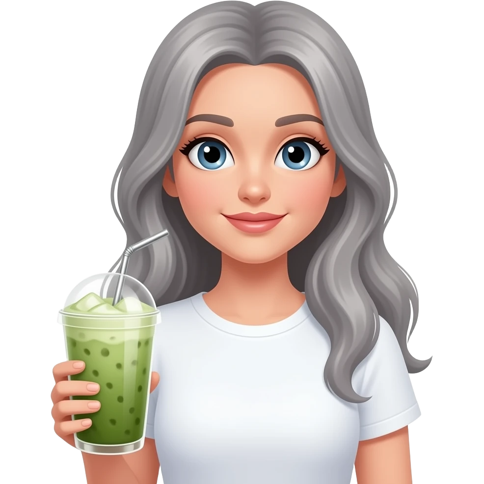 realistic, -beautifulblackeyedlady-long-gray-hair-white-tshirt-holding-large-iced matcha,-fov-90-degrees,-short-lighting,-l-usm,-cold-colors,-gilded-technique,-extremely-hyper-aesthetic,-absurdres emoji