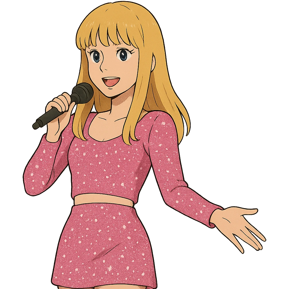Blonde pop star with bangs wearing a sparkly pink outfit   emoji