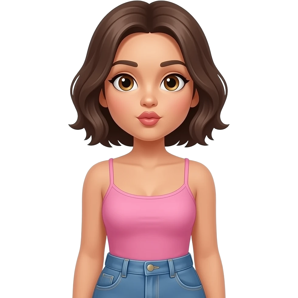 Diva Hazel eyes, tanned skin. Dark blonde very short hair. Pink singlet. Blue jeans. Waist up and blowing kiss. emoji