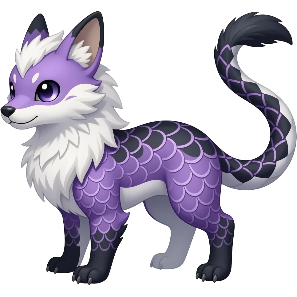 Grunge-patterned cube-patterned feathery elegant realistic Furry, feathery fluffy tropical flecked painted feathery scaly, Purple, white, black, Minccino-Bambino-Lykoi-Linoone-Zangoose-fusion-hybrid-animal-Fakémon-creature, full body, thin long sleek scaly tail, intricate markings emoji