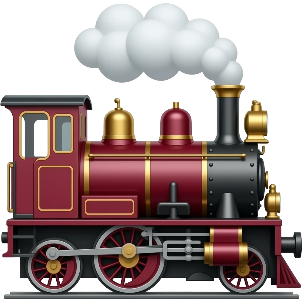 side view of a free-standing maroon steam train, classic emoji style emoji