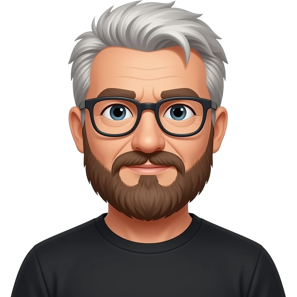 A man that is 50 years old, has an big brown beard and a smal mustash, and glasses, a black t shirt and some wite hair hair parts, and a hair that is more messy emoji