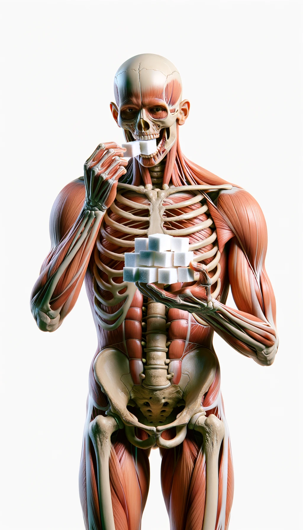 corpo umano anatomico in piedi a figura intera che mangia zollette di zucchero, posa frontale, iperrealistico 4k, isolato su sfondo bianco emoji