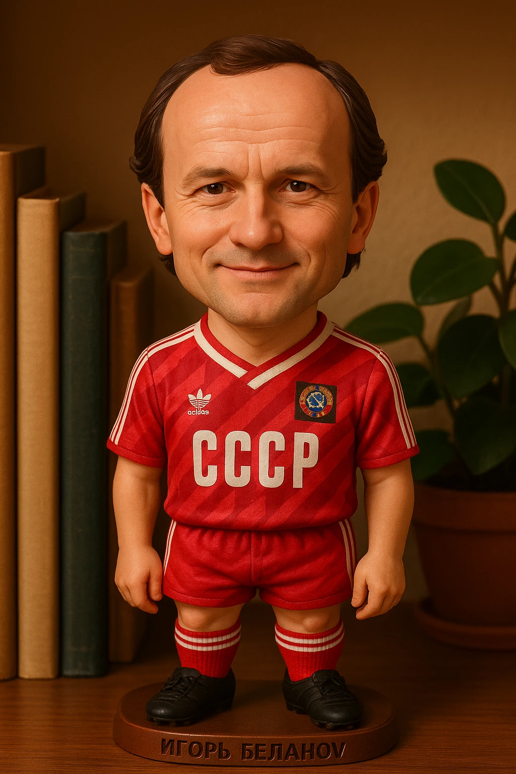 Игорь Беланов в форме сборной СССР 1986 года смотрит на прямо на зрителя и слегка улыбается, освещение с левой верхней стороны кадра emoji