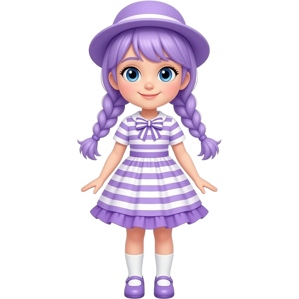 A girl with pale purple hair tied in two braids, and blue eyes and wearing a pale purple dress with pale purple and white striped short sleeves, a pale purple and white striped skirt with a pale purple frill, a pale purple and white striped bow, a pale purple hat, white socks and pale purple shoes. emoji