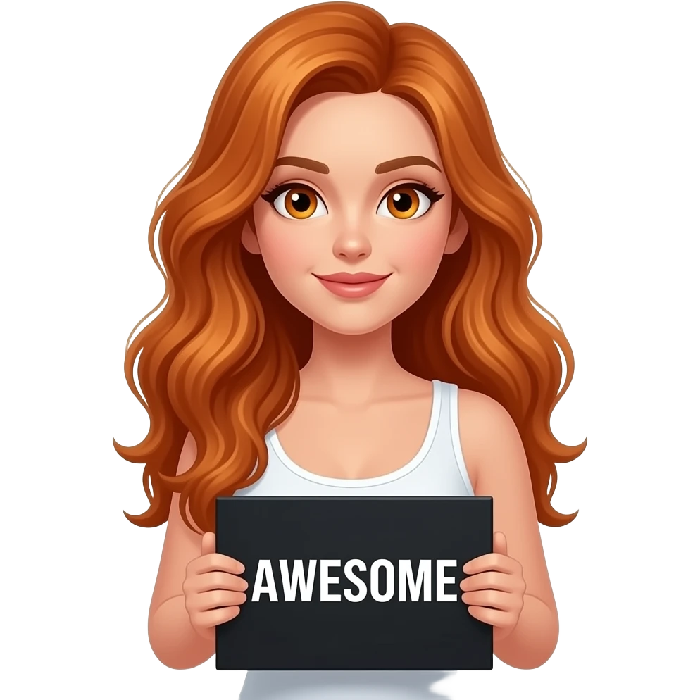 sexy girl with long wavy ginger hair and ginger eyes wearing a white tanktop is holding a black colored sign with AWESOME written on it emoji
