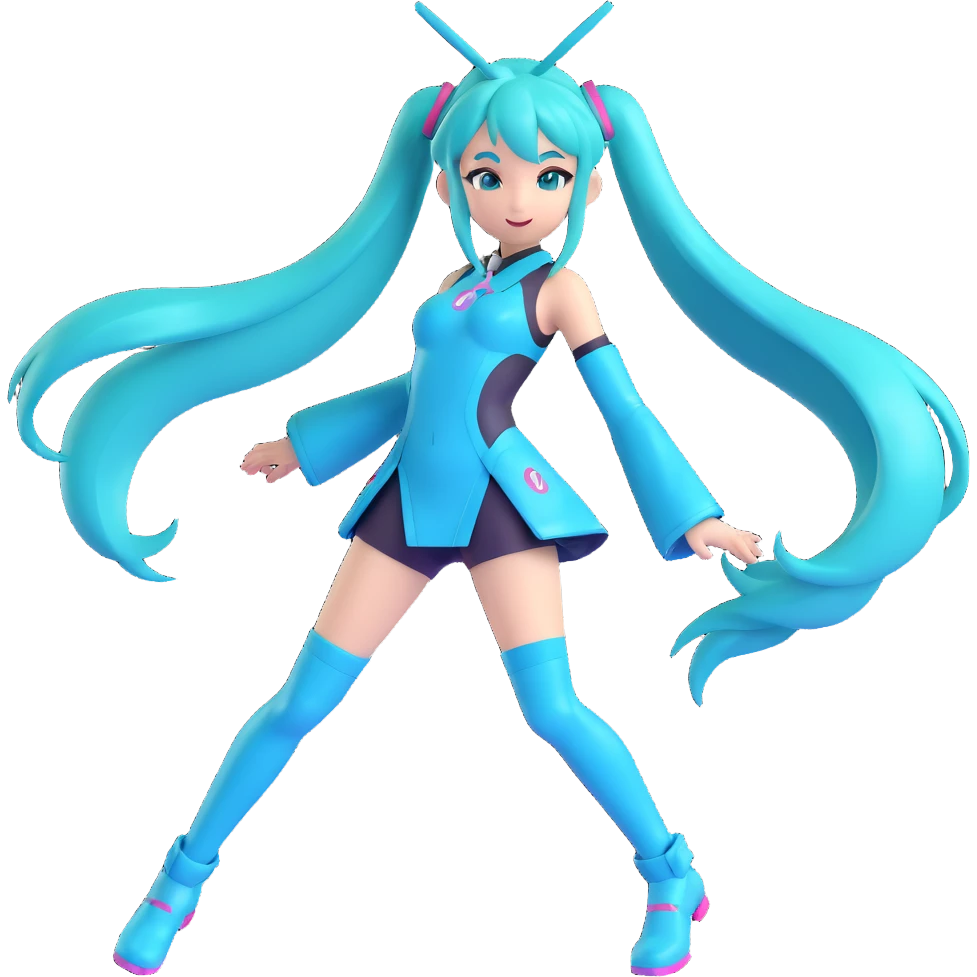 Hatsune Miku 3D style, glossy turquoise hair, detailed futuristic costume, energetic pose emoji