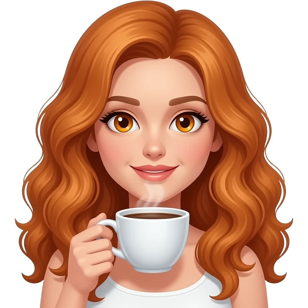 sexy girl with long curly ginger hair and ginger eyes is drinking coffee emoji